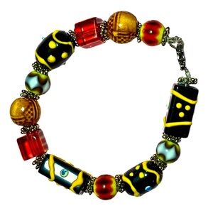 Artisan Handcrafted Glass Lampwork Bead Bracelet Red Black Yellow